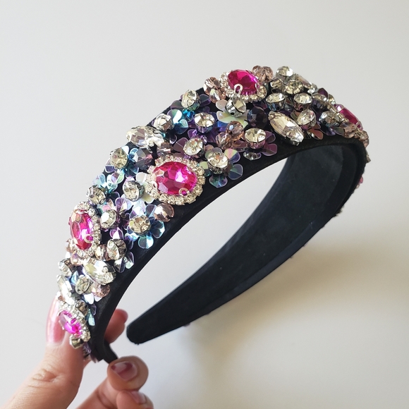 Handmade Full Black Fuchsia Crystal Beads Headband with Sequins For Women - Picture 4 of 7